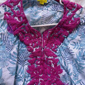 Roberta Roller Rabbit Tunic Shirt - Blue Floral with Pink Embroidery collar